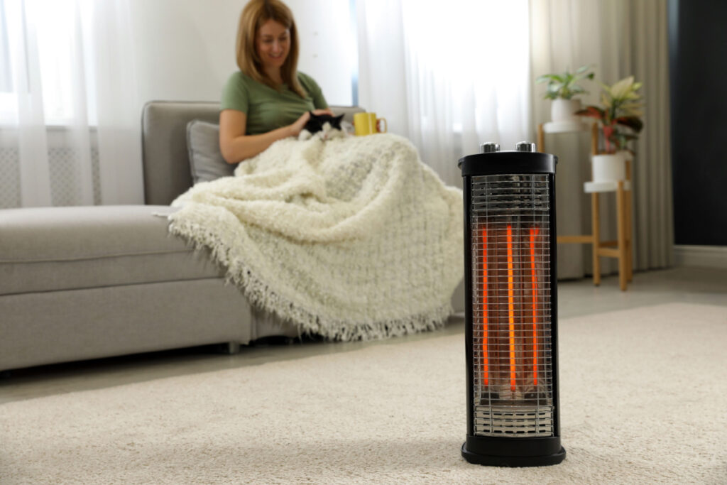 A woman sits on her couch with her cat. A space heater is on the floor to help save money on heating.